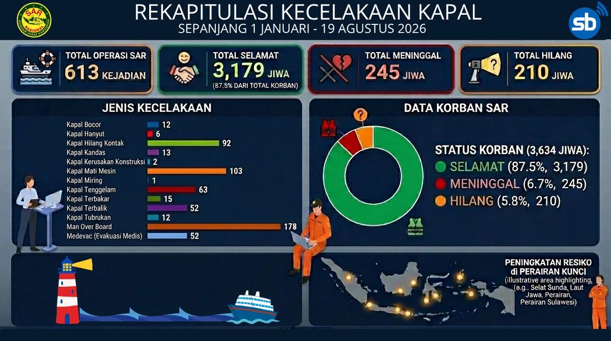 613 Operasi SAR Kecelakaan Kapal hingga Agustus 2026, Alarm Keselamatan Pelayaran Indonesia