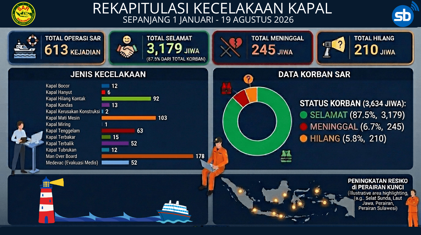 613 Operasi SAR Kecelakaan Kapal hingga Agustus 2026, Alarm Keselamatan Pelayaran Indonesia