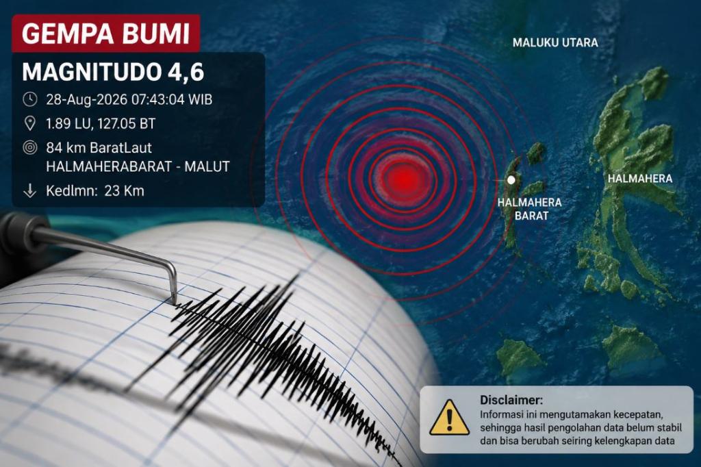 Gempa Magnitudo 4,6 Guncang Laut Halmahera Barat, Maluku Utara Pagi Ini